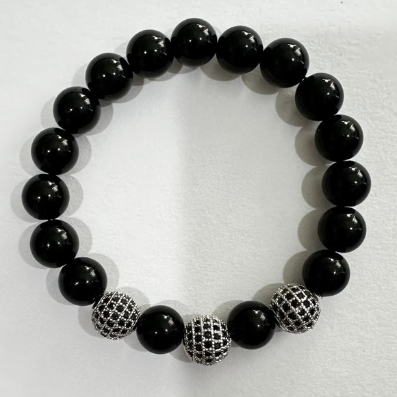 10mm Black Onyx with Black Crystal Ball Stretch Bracelet - Protection, Energy - Picture 2 of 7